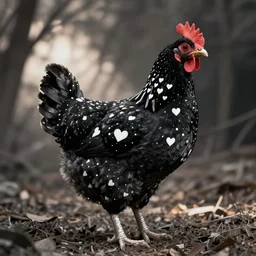 a black chicken dotted with white hearts