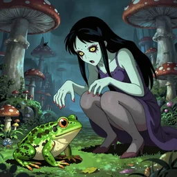 A scary godlike fairy killing a frog. award winning. superb resolution. in the art style of junji ito. Detailed Mushroom city in background. Hyper realistic anime. Perfect pixel art. Dalle2