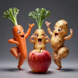 a carrot an apple and a potato all with horrifying and cute faces at the same time, they dance with graceful steps and make strange gestures with their mouths