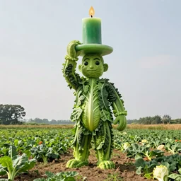 a big giant made of vegetables standing in a field holding a large green candle above his head, photo realistic, realistic lighting, realistic reflections