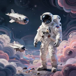 an astronaut and a spaceship on a alien surface with psychedelic clouds 8 k