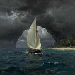 photorealistic mixed - media of a 1 9 2 5 seiner sailing with the jamaican shoreline with the mouth of a sea cave at the waterline, dark, brooding, atmospheric, seascape, lovecraft, horror, smooth, epic, highly detailed, cinematic, by marianne north