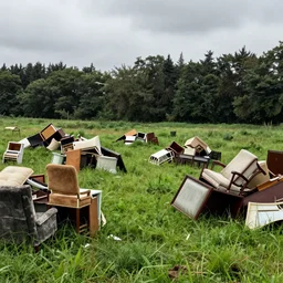 a grassy field filled with heaps of discarded and moldy furniture, overcast sky, forest in background, photorealistic, 4k, photo