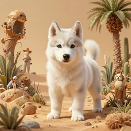 white alaskan husky puppy creature in a desert lush oasis, warm tones : : by guillermo del toro, daniel merriam, victo ngai and michal karcz : : ornate, dynamic, particulate, intricate, elegant, highly detailed, centered, artstation, smooth, sharp focus, octane render