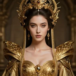 portrait of a ancient queen, perfect symmetrical pose, beautiful eyes, perfect face, sharp, by irakli nadar with intricate detailed wearing golden intricate dress, by leesha hannigan, iris van herpen, artstation, cgsociety, wlop, epic, wow factor, much detail, gorgeous, detailed, masterpiece