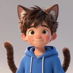 character portrait of a blushing boy with cat ears and tail, blue hoodie, brown fluffy hair, medium shot, concept art, global illumination, tankoban, 4 k, fantasy painting, hyper detailed, pixar animation, studio light, award winning, by artgerm, sylvain sarrailh, rossdraws, wlop, beautiful!.