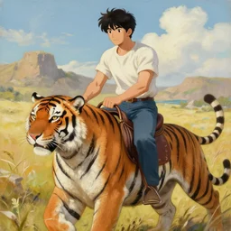 a human man riding on a tiger in anime style, detailed oil painting