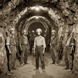 a diverse group of alienated mine workers in a mine shaft, sepia, vintage photo, pinhole camera