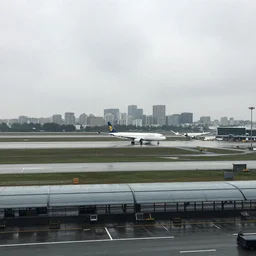a cloudy, rainy day near an airport in the middle of the city, 4 k