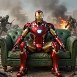 “Iron Man sitting on a green leather couch in the middle of a battle field”