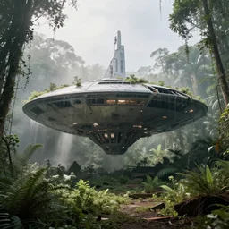 documentary photo overgrown zaha hadid marc newson spaceship high - tech symmetry godrays haze ruins in jungle dripping sunlight derelict