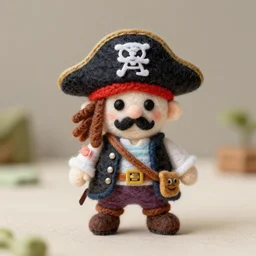 a needle felted cartoon ish pirate, needle felting art.