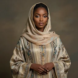 brown skinned east african woman, somali attire, impressionist, figurative, intricate details, beautiful woman, dreamy, fashionable, somali fashion