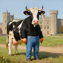 painting by zorn, cow, dressed!, anthropomorphic!, wearing!!! clothes!!! jeans!!! standing next to royal castle!!