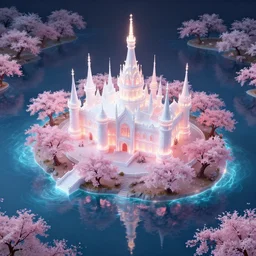 magical palace, sakura island, paradise, white, pink, glow - in - the - dark water, sakura, magic, realism, redshift rendering, 3 d, ultra - detailed, realistic, 8 k, masterpiece, functional art station, top view, panorama, ultra - wide angle