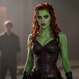 film still of !!!Aubrey Plaza!!! as Poison Ivy in The Dark Knight, !!green skin!!, 4k