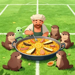 “ a cyberpunk peasant eating valencian paella surrounded by adorable aliens and creepy otters on a football pitch, cartoon style, detailed, artwork ”