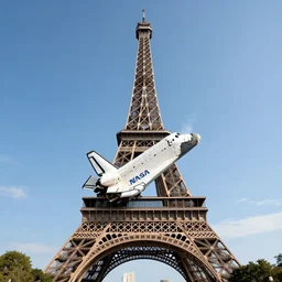 a nasa space shuttle crushing into the eiffel tower
