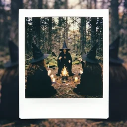 polaroid of witches making a ritual in the woods, photorealistic
