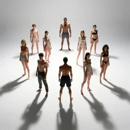 multiple interacting humans posing, anatomy, high contrast, extra long soft shadows, on white