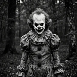 zombie clown spotted in a dark forest, found footage, black and white