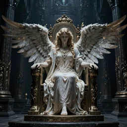 fallen angel sitting on a throne in a dark temple, beksinski, wayne barlowe, adrian smith fantasy art, hr giger - n 9