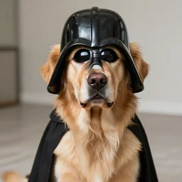 a detailed photo of a golden retriever dressed as darth vader
