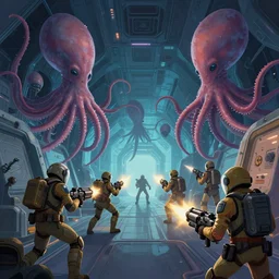 space soldiers with blasters shoot at giant alien squids inside the corridors of spaceship, cinematic, vector behance hd jesper ejsing, hyper detailed, digital painting, artstation, concept art, art by artgerm and rhads and makoto shinkai and lois van baarle and ilya kuvshinov and rossdraws, 8 k