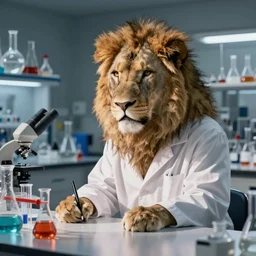 A realistic image of a Lion scientist in a chemistry lab, Lab coat, Beakers