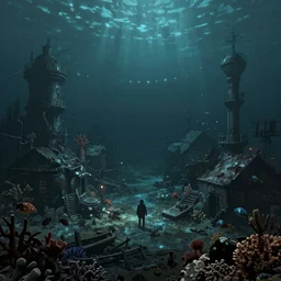 a dreary apocalyptic underwater crowded seaside town covered in coral and fish in the style of night in the woods the video game