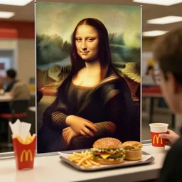mona lisa ordering a food at the counter at a mcdonalds, award - winning photography
