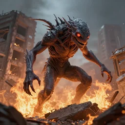 unknown creature destroys building in flames, highly detailed, digital image, artstation concept art, smooth, sharp focus, artgerm, alphonse fly, photorealistic
