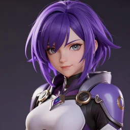 highly detailed, digital art, pixiv fanbox, trending on artstation, ray tracing, volumetric lighting, sharp focus, hq, overwatch style bandit female character, short messy purple hair with bangs and grey eyes, arcane, by artgerm, wlop, greg rutkowski, miyazaki hayao