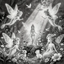 magical illustrations of ethereal fantasy creatures, beautiful fairies, mermaids and female portraits with flowers, whimsical big - eyed characters accompanied by animals and birds, greyscale, line art
