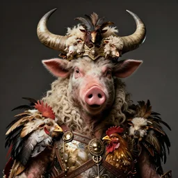 a hyper detailed portrait of joaquin phoenix with a crown made of animals, cow horns, pig nose, sheep wool, chicken feather armor, majestic, fierce, by anna podedworna, by miklos ligeti, by diego maricato, by taran fiddler, by antonino truisi, by chris reddie, by jinsung lim, trending on artstation