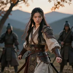 gorgeous warrior princess in a battle scene, open long hair, beautiful intricately decorated clothing, natural pose, mountains on the back, autumn tree, backlight, dusk, shallow depth of field, highly detailed matte painting, rule of thirds, karole bak, hasui kawase, mohrbacher,