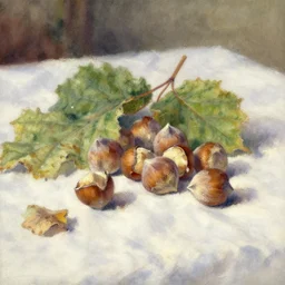 paint brush strokes, abstract watercolor painting of hazelnuts on tablecloth, leaves, art by hans dahl, by jesper ejsing, art by anders zorn, wonderful masterpiece by greg rutkowski, cinematic light, american romanticism by greg manchess, creation by tyler edlin
