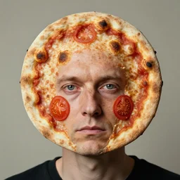 portrait of man with facial deformity making the head a flat and circular disc, looking like a pizza, uneven skin with baked crust appearance, large freckles like burnt spots, cheeks look like tomato slices, muted colors, soft lighting, sharp focus, neutral background, masterpiece, photo by jimmy nelson, giger, morten krogvold