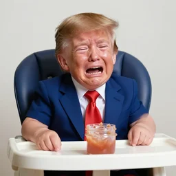 crying donald trump in a highchair with pudding all over his face, gettyimages