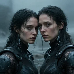 cinestill 5 0 d candid photographic portrait by helen levitt of two loving female androids wearing rugged black mesh techwear in treacherous waters, extreme closeup, modern cyberpunk moody emotional cinematic dark, dust storm, 8 k, hd, high resolution, 3 5 mm, f / 3 2, ultra realistic faces, ex machina