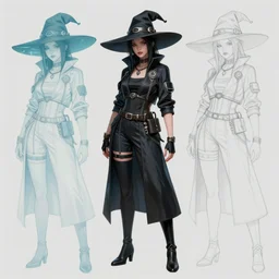 sketches for a cyberpunk vampire cecaelia character in a video game, witch hat, underwater, digital painting, full body, clothed, detailed, concept art