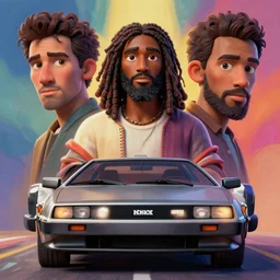 stylish 3 d vfx - drew struzan movie poster - art of an african jesus in a delorean, art style by james jean & hsiao - ron cheng, unreal engine render, digital illustration, sharp, intricate detail, volumetric lighting, ray tracing, soft light, colourful, claymation style, ernie barnes style, portrait, symmetry, acrylic on canvas, pinterest, artstation