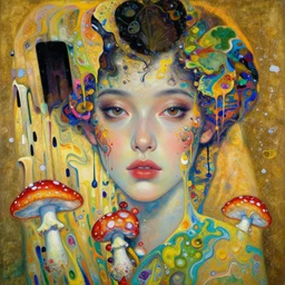 close - up portrait of beautiful girl by irakli nadar with intricate detailed color smashing fluid oil paint, color leaves, melting wax, fly agaric, fluid acrylic, abstract impressionism, ruan jia, fantasy, hyper detailed, concept art, by peter mohrbacher and gustav klimt,