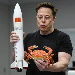 Elon musk hold a crab on a rocket