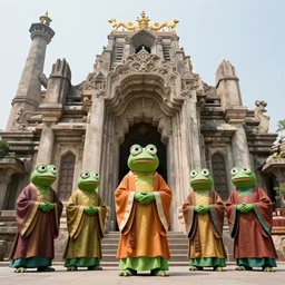 a temple with pepe the frog priests in robes, brutalist architecture