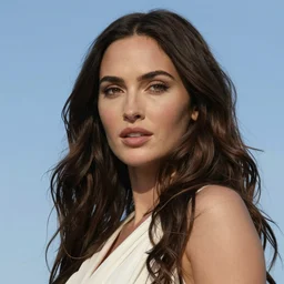 megan fox as a Greek goddess in the sky, realistic face