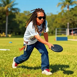 Daniel Johnston Style art of a candian native with dreadlocks and sunglasses playing disc golf
