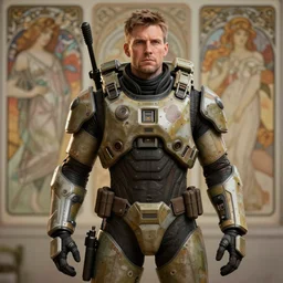 a hyper - realistic character concept art portrait of a soldier assault armour cyborg, depth of field background, artstation, award - winning realistic sci - fi concept art by jim burns and greg rutkowski, beksinski, a realism masterpiece, flesh - tone color palette, james gilleard, bruegel, alphonse mucha, and yoshitaka amano.