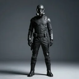 full body cinematic shot of a time traveling intelligence agent in a black and greyscale sealed continuity suit, simple and functional with gaiter-style gas mask, resembling splinter cell + metal gear solid by artgerm and wlop