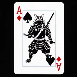 a cool playing card with a samurai motif which has numbers in the top left and bottom right of the card